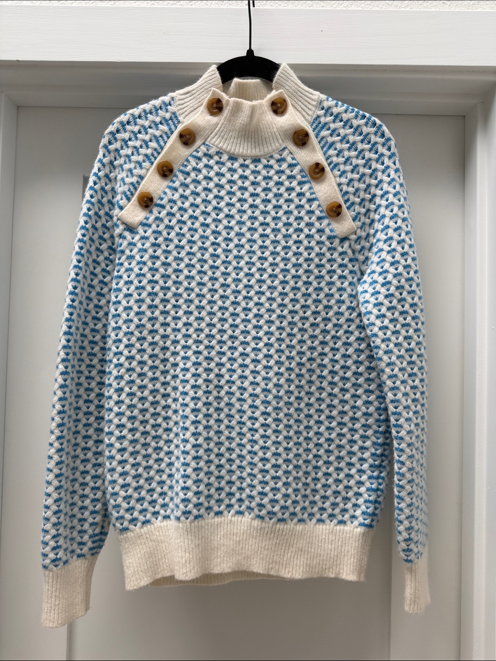 Ann Taylor Cream & Light Blue Button-Shoulder Cowl Sweater